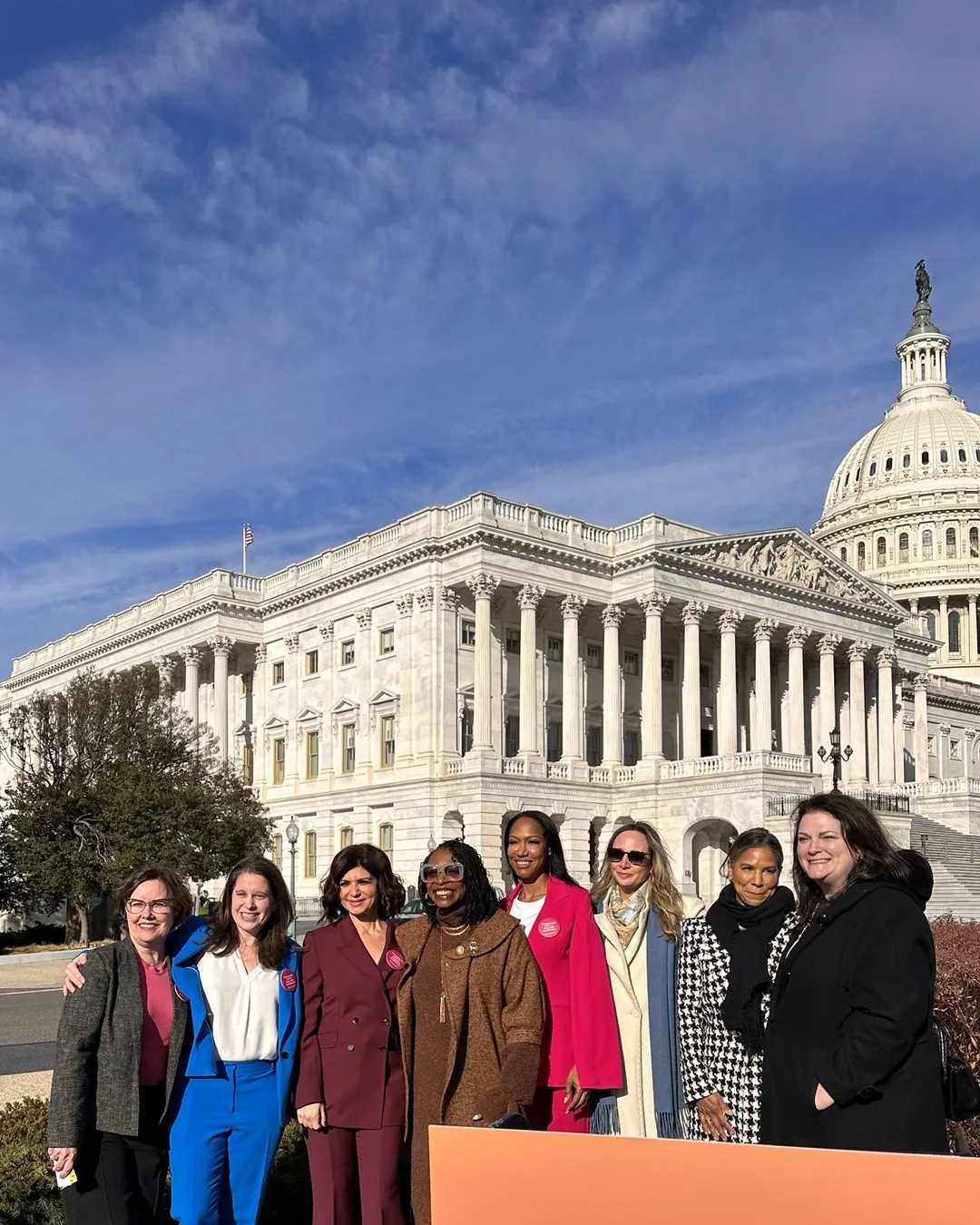 A group of women posing together on the steps below the U.S. Capitol